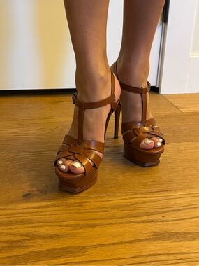 Yves Saint Laurent Tan Leather T-Strap Platform Heels